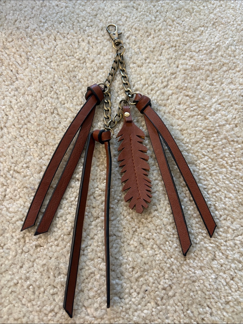Leather Western/Boho Tassels & Feather Keychain Charm in Brown - NWOT